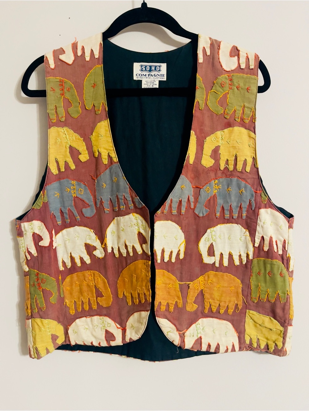 Vintage Soho Compagnie Hand Sewn Elephants Vest Sz M Boho Ethnic Artsy Indie 90s